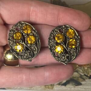 Vintage Large Floral Clip Earrings Silver and Amber Tone Stone